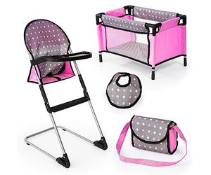 Bayer Design 63266AB Deluxe accessory set including doll's high chair, a bib, a bag and a travel cot