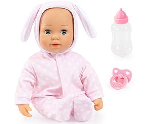Bayer Design 93822AA Interactive baby doll Anna, soft body, baby sounds, closing eyes, pacifier, bottle, 15 inch, pink with dots