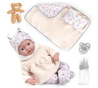Bayer Design 93827AN Reborn baby doll, realistic, lifelike, 38 cm, with dummy, bottle, pillow, blanket, plush bear