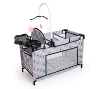 Bayer Design Doll bed with integrated high chair, changing table, mobile | wardrobe with 3 hangers, pillow and blanket in the doll cot, for role plays, 3+ age