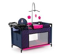 Bayer Design Doll bed with integrated high chair, changing table, mobile | wardrobe with 3 hangers, pillow and blanket in the doll cot, for role plays, 3+ age