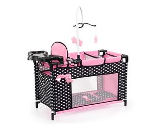 Bayer Design Doll bed with integrated high chair, changing table, mobile | wardrobe with 3 hangers, pillow and blanket in the doll cot, for role plays, 3+ age
