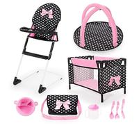Bayer Design doll play set with high chair, bed, bag, play mat, accessory | with dummy, cutlery, plate, mug for feeding, sleeping accessories, perfect for role play, 3+ age