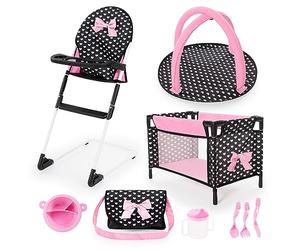 Bayer Design doll play set with high chair, bed, bag, play mat, accessory | with dummy, cutlery, plate, mug for feeding, sleeping accessories, perfect for role play, 3+ age