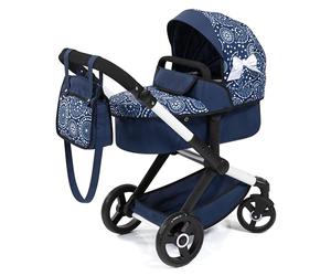 Bayer Design Dolls pram XEO with bag, convertible, height-adjustable handle | doll stroller, carriage pram, with swivel front wheels, reversible handle, integrated basket, for girls and boys, 3+ years
