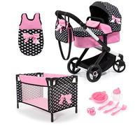 Bayer Design Dolls pram XEO with bed, bag, sleeping bag, accessories | doll stroller with accessories, swivel front wheels, reversible, adjustable handle, convertable, for girls, boys, 3+ years
