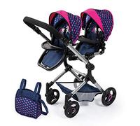 Bayer Design 26254AA Twin Pram, Doll Carriage, Height-adjuable Handle, Foldable, with Bag and Integrated Shopping Basket, Compatible with EasyGo, Blue with Unicorn and Hearts