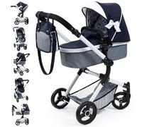 Bayer Design 18481AB Combi Doll's pram Neo Vario with Bag and Shopping Basket, Convertible into a Stroller, Height Adjustable, Blue, White