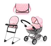 Bayer Doll Pram and High Chair - Foldable Baby Doll Accessories with Storage Basket & Changing Bag - Smooth-Rolling Wheels & Sun Canopy for 46cm Dolls - Birthday Gifts for Girls, Boys