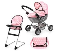 Bayer Doll Pram and High Chair - Foldable Baby Doll Accessories with Storage Basket & Changing Bag - Smooth-Rolling Wheels & Sun Canopy for 46cm Dolls - Birthday Gifts for Girls, Boys