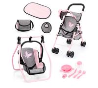 Bayer 5 in 1 Doll Stroller - Foldable Baby Pram Set includes Swing, Bag, Feeding Accessories and Changing Mat - Toy Buggy with Sun Canopy for 40cm Dolls - Birthday Gifts for Girls, Boys