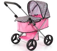 Bayer Go Baby Dolls Pram - Foldable Pushchair with Storage Basket, Carrycot Cover for Doll Up to 46cm - Dolls Pram for 3 Year Olds, Girls, Boys, Toddler Toy 3-6 Years - Polka Dot Grey, Pink Stroller