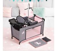 Bayer Design 62633AB Doll bed with integrated high chair, changing table, mobile, jeans-grey, pink