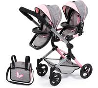 Bayer Design 26233AA Dolls Twin Pram, carriage, adjustable handle, foldable, bag, integrated shopping basket, Grey, Pink With Butterfly, Jean Look