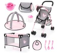 Bayer Pink Dolls Stroller 10 Pieces - Baby Doll Pram Set with Kids Pushchair for Dolls 46 cm, Cot, Play Mat, Feeding Accessories, Changing Bag, Basket - Toy Buggy for Girls, Toddler