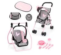 Bayer 5 in 1 Doll Stroller - Foldable Baby Pram Set includes Swing, Bag, Feeding Accessories and Changing Mat - Toy Buggy with Sun Canopy for 40cm Dolls - Birthday Gifts for Girls, Boys