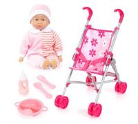 Bayer Baby Doll Stroller and Dolls Accessories - Foldable Pushchair, Soft Baby Doll 36 cm & Buggy Safety Belt - Double Wheels, Feeding Accessories - Birthday, for 2 Years Old Girls