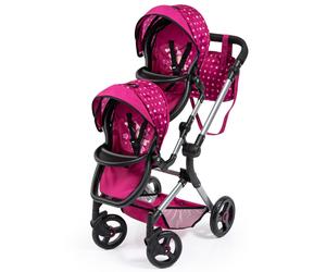 Bayer: Pram Neo Twin - Hot Pink & Polka Dots Fairy - Seats 2 Dolls Up to 18"""" Shoulder Bag Adjustable Handle Foldable Kids Ages 3+