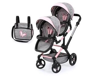 Bayer Twin Dolls Double Pram XEO - Foldable Double Buggy, Twin Stroller | Tandem Pushchair with Adjustable Seats & Handle Height for Girls, 3-5, 6, 7 Years, Baby Doll Pram with Basket & Changing Bag