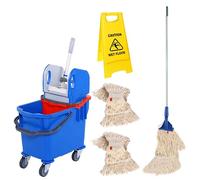 Bayersan Mop Bucket & Water Wringer Floor Cleaning Kit | Kentucky Mopping Bucket | Mop With Long Handle | 2 Mop Heads | Wet Floor Safety Sign (Blue)