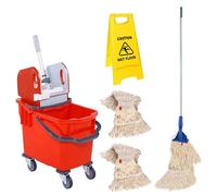 Bayersan Mop Bucket & Water Wringer Floor Cleaning Kit | Kentucky Mopping Bucket | Mop With Long Handle | 2 Mop Heads | Wet Floor Safety Sign (Red)