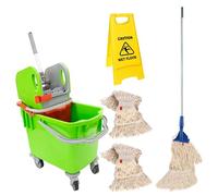 Bayersan Mop Bucket & Water Wringer Floor Cleaning Kit | Kentucky Mopping Bucket | Mop With Long Handle | 2 Mop Heads | Wet Floor Safety Sign (Green)