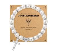 BAYLAY First Communion Gifts for Girls, Cross Bracelet Pearl Letter A-Z Initial Bracelet First Communion Bracelets 1ST Holy Communion Gifts for Girl Catholic, 6 inch, Stainless Steel, no gemstone