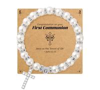 BAYLAY First Communion Gifts for Girls, Cross Bracelet Pearl Letter A-Z Initial Bracelet First Communion Bracelets 1ST Holy Communion Gifts for Girl Catholic, 6 inch, Stainless Steel, no gemstone