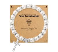 BAYLAY First Communion Gifts for Girls, Cross Bracelet Pearl Letter A-Z Initial Bracelet First Communion Bracelets 1ST Holy Communion Gifts for Girl Catholic, 6 inch, Stainless Steel, no gemstone