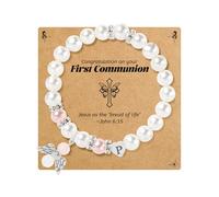 BAYLAY First Communion Gifts for Girls, First Communion Bracelet for Girls, Angel Wings Heart Letter Initial Pearl Bracelet, First Communion Gifts for Girls Catholic, Teen Girls First Communion Gifts
