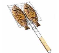 BAYLI Silver Fish Griller Grill Basket BBQ With Wooden Handle BA-851