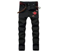 Baylvn Men's Casual Straight Slim Fit Stretch Rose Embroidery Comfy Jeans, Y-black, 30