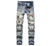 Baylvn Men's Fashion Ripped Distressed Straight Slim Fit Embroidered Patched Jeans Skinny Patchwork Jeans, H Vintage Blue, 34