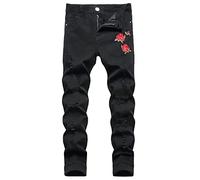 Baylvn Men's Red Rose Embroidered Skinny Ripped Straight Slim Fit Stretch Denim Jeans, 795 Black Stretch, 38