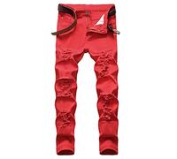 Baylvn Men's Ripped Distressed Destroyed Straight Slim Fit Denim Jeans, Red, 30