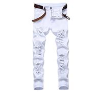 Baylvn Men's Ripped Distressed Destroyed Straight Slim Fit Denim Jeans, White, 28