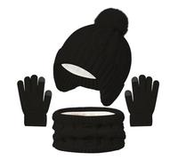 Baynetin 3-Piece Kids Winter Set-Knitted Earflap Hat with Pom Pom, Touchscreen Gloves & Circle Scarf for Boys & Girls 3-8 Years, Warm Fleece-Lined Accessories for Outdoor Sports & Snow Play (Black)