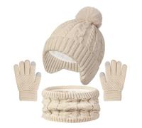 Baynetin 3-Piece Kids Winter Set-Knitted Earflap Hat with Pom Pom, Touchscreen Gloves & Circle Scarf for Boys & Girls 3-8 Years, Warm Fleece-Lined Accessories for Outdoor Sports & Snow Play (Beige)