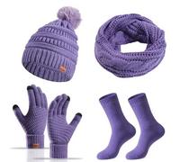 Baynetin 4 Packs Women Winter Hat Scarf Gloves Socks Set,Winter Beanie Cap Warm Thermal Bobble Hats Touchscreen Gloves Women's Scarf Neck Warmer 4 in 1 Cold Weather Set (Purple)