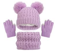 Baynetin Kids Winter Beanie Hat Scarf Gloves Set 3pcs, Thermal Knitted Pom Bobble Hat Scarf Gloves Set with Fleece Lining,Two Fingers Touch Screen Gloves Set for Boys and Girls 2-8 (Purple)