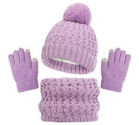 Baynetin Kids Winter Hat Scarf and Gloves Set, 3pcs Knitted Warmth Crochet Thick Fluffy Scarf Pom Bobble Hat Two Fingers Touch Screen Gloves Set for Boys and Girls 2-8 (Purple)