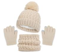 Baynetin Kids Winter Hat Scarf and Gloves Set, 3pcs Knitted Warmth Crochet Thick Fluffy Scarf Pom Bobble Hat Two Fingers Touch Screen Gloves Set for Boys and Girls 2-8 (Beige)