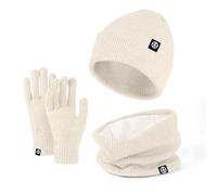 Baynetin Winter Hat Scarf Gloves 3pcs Thermal Warm Knitted Beanie Cap Soft Fleece Brushed Inner Lining Elastic Circle Neck Warmer Thicken Touchscreen Gloves Winter Set for Cold Weather (Beige)