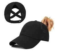 Baynetin Womens Criss Cross Ponytail Baseball Cap,High Messy Bun Ponycap Quick Drying Mesh Outdoor Sports Hat with Ponytail Hole Adjustable Travel Summer Hat (Black, One Size)