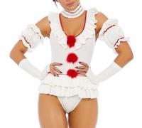 Baynoyia Clown Character Costume for Women Killer Circus Playsuit Tiered Peplum Bottom Halloween Scary Clown 5 Pcs Set (White, S)