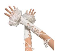Baynoyia Lolita Mesh Lace Fingerless Gloves Women Gothic Bowtie Arm Sleeves Y2K Tulle Long Gloves Bridal Prom Wrist Cuff, Tie White, One Size