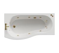 Bayou 12 Jet Brushed Brass V-Tec Left Hand B Shaped Whirlpool Shower Bath with Front Bath Panel | White | Acrylic | 1700mm