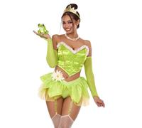 Bayou Babe Costume Includes Bustier Top, Petal Skirt Garter Panty, Pin-on Flower, Clear Straps, Gauntlet Gloves, and Crown, Green, XS