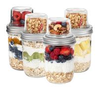 Bayseun 4 Pack Glass Overnight Oats Jar with Lids, 2 Layer, 500ml+100ml, Leak Proof Snack Pot with Spoon, Portable Reusable Food Storage Container for Yogurt Parfait, Salad, Fruit, On The Go