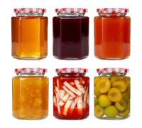 Bayseun Jam Jars with Lids Hexagonal, 6 pack 280ml Small Glass Jars with Red Gingham Screw Top Lids, Wide Mouth Airtight Jars with Lid for Jam, Chutney, Preserves, Marmalade and Pickle